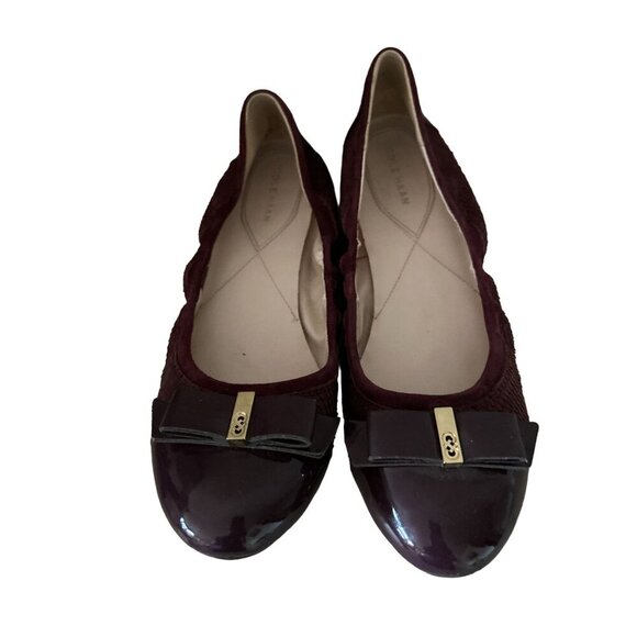 Cole Haan Ballet Flats Purple Color Quilted Suede Leather Gold Bow Size 9.5 - Picture 1 of 12